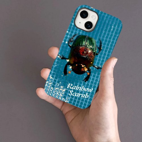 Rainbow Scarab Beetle on Blue Personalized Case_Mate iPhone 14 Case
