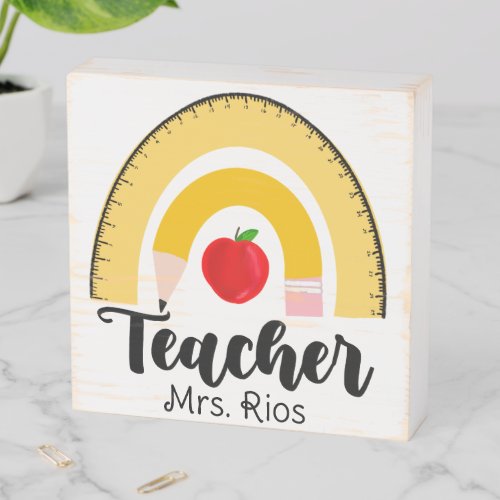 Rainbow School Supplies Teacher Custom Name Wooden Box Sign
