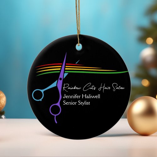 Rainbow Scissors Hair Stylist Chic Salon Christmas Ceramic Ornament