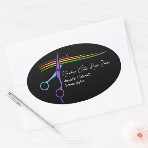 Rainbow Scissors Hair Stylist Chic Salon Marketing Oval Sticker