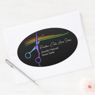 Rainbow Scissors Hair Stylist Chic Salon Marketing Oval Sticker