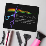 Rainbow Scissors Hair Stylist Chic Salon Marketing Postcard<br><div class="desc">A chic black hair stylist business marketing postcard with a burst of color of rainbow hairstylist scissors logo. Customize these modern LGBTQ beauty salon and styling business postcards in cool white script for a hairdresser or colorist for a grand opening or other promotional event.</div>