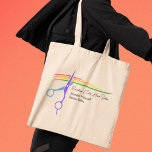 Rainbow Scissors Hair Stylist Chic Salon Marketing Tote Bag<br><div class="desc">A chic hair stylist business marketing tote bag with a burst of color of rainbow hairstylist scissors logo. Customize this modern LGBTQ beauty salon and styling business promotional item in cool white script for a hairdresser or colorist for a grand opening or other promotional event.</div>