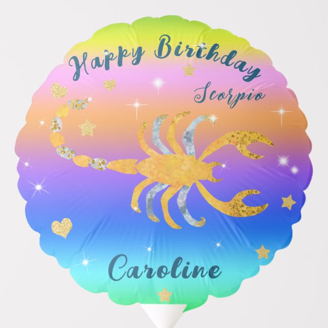 Rainbow Scorpio Gold Stars & Hearts Birthday Balloon (Front)
