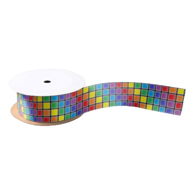 Rainbow Scratched Squares Satin Ribbon (Spool)
