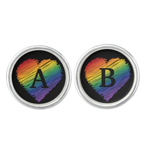 Rainbow scribble heart cufflinks