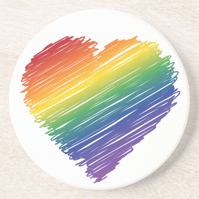 Rainbow scribble heart round stone coaster (Front)