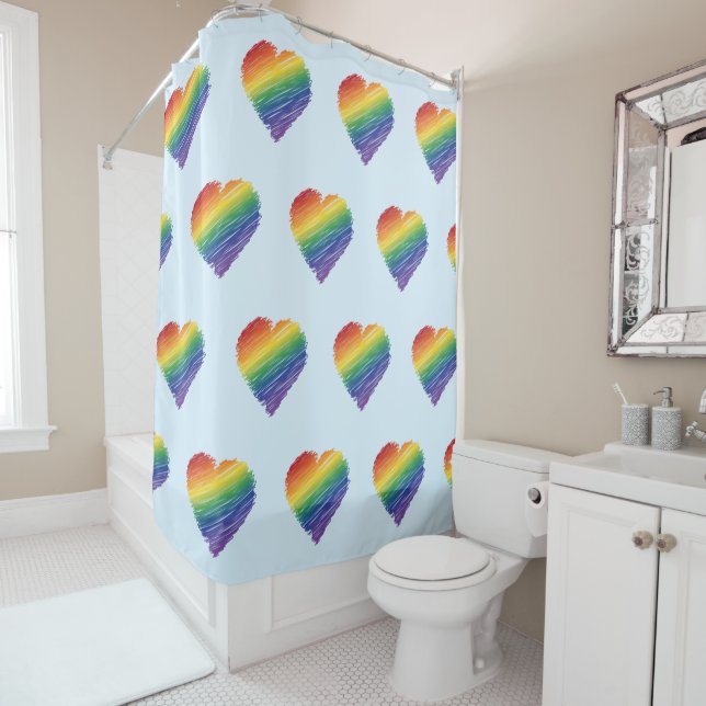 Rainbow scribble heart shower curtain (In Situ)