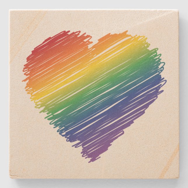 Rainbow scribble heart square stone coaster (Front)