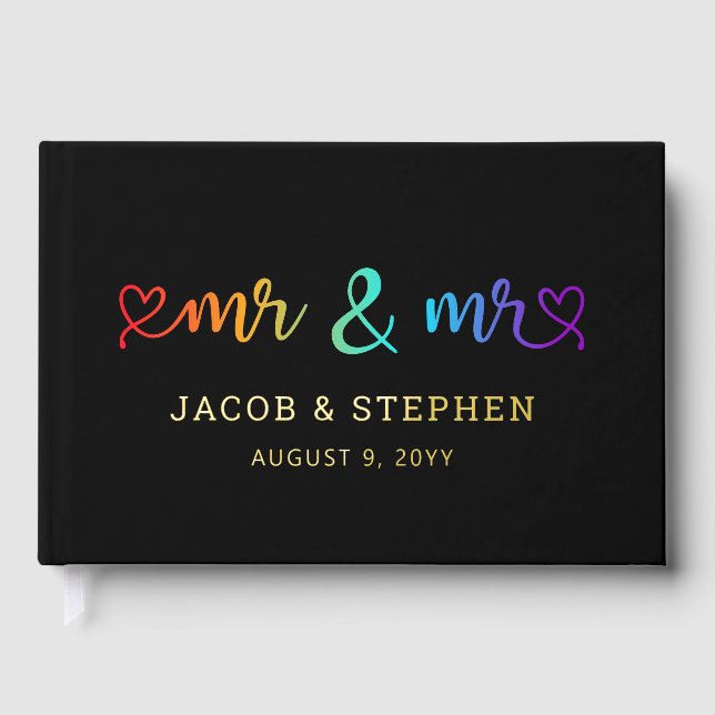 Rainbow Script Black Mr & Mr Gay Wedding Foil Guest Book (Front)