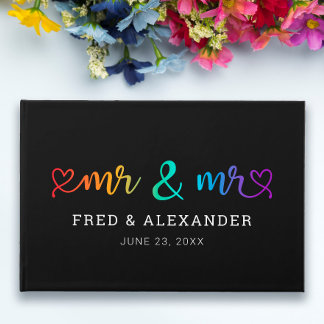 Rainbow Script Black Mr & Mr Gay Wedding Guest Book