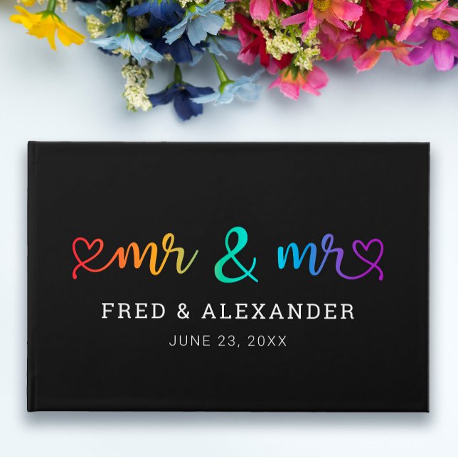 Rainbow Script Black Mr & Mr Gay Wedding Guest Book (Creator Uploaded)
