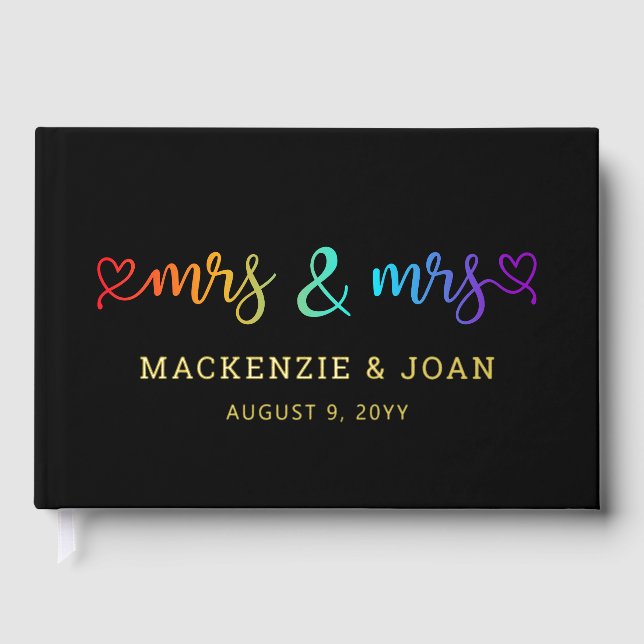 Rainbow Script Black Mrs & Mrs Lesbian Wedding Foil Guest Book (Front)
