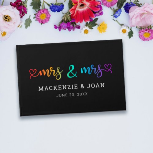 Rainbow Script Black Mrs  Mrs Lesbian Wedding Guest Book