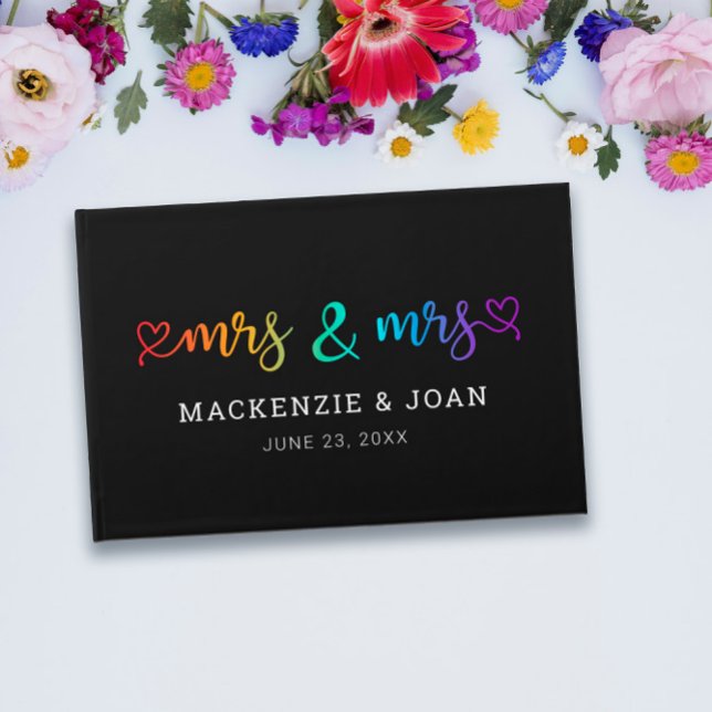 Rainbow Script Black Mrs & Mrs Lesbian Wedding Guest Book (Creator Uploaded)