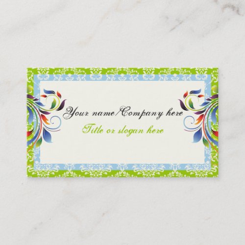 Rainbow scroll leaf blue green damask borders business card template