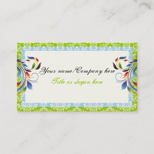 Customizable Rainbow scroll leaf blue green damask borders business card template