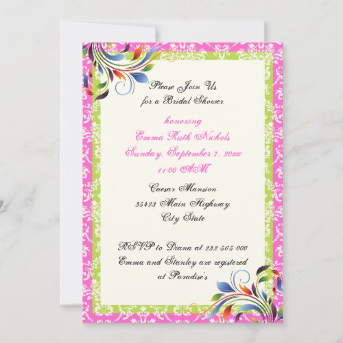 Rainbow scroll leaf damask wedding bridal shower personalized invitation