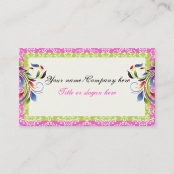 Rainbow Scroll Leaf Lime Pink Damask Borders Business Card by justbusinesscards at Zazzle