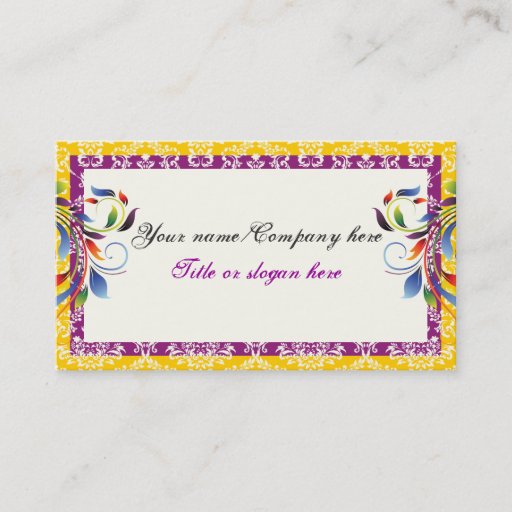 Customizable Rainbow scroll leaf yellow purpledamask borders business card templates