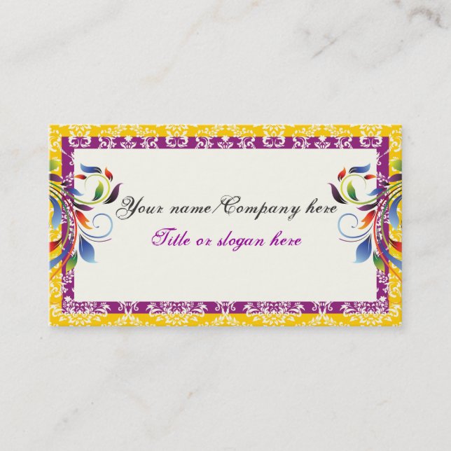 Rainbow scroll leaf yellow purpledamask borders business card (Front)