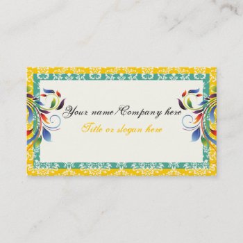 Rainbow Scroll Leaf Yellow Teal Damask Borders Business Card by justbusinesscards at Zazzle