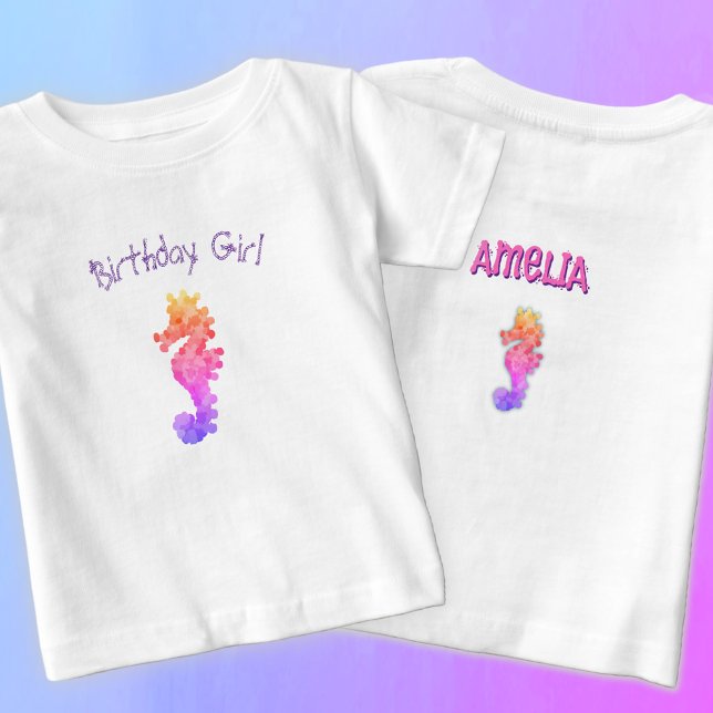 Rainbow Seahorse Birthday Girl Personalized T-Shirt (Creator Uploaded)