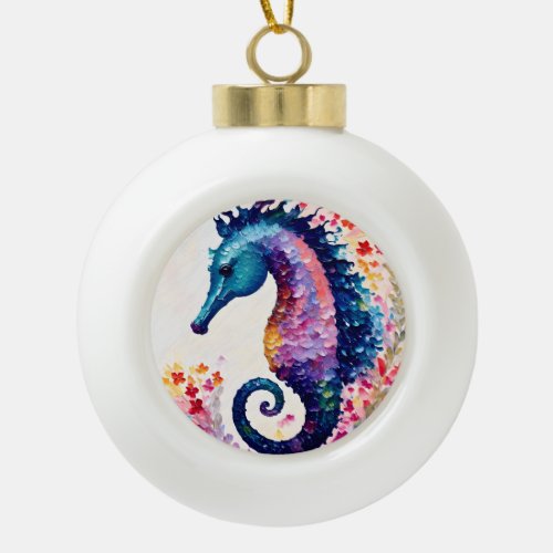 Rainbow Seahorse Floral Art Ceramic Ball Christmas Ornament