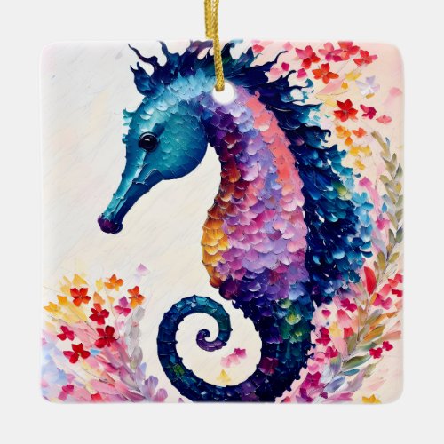 Rainbow Seahorse Floral Art Ceramic Ornament