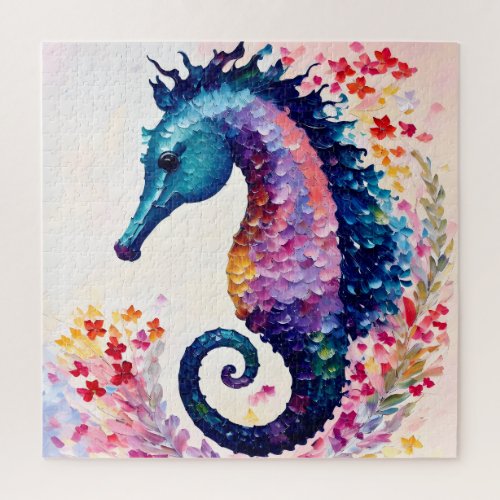 Rainbow Seahorse Floral Art Jigsaw Puzzle