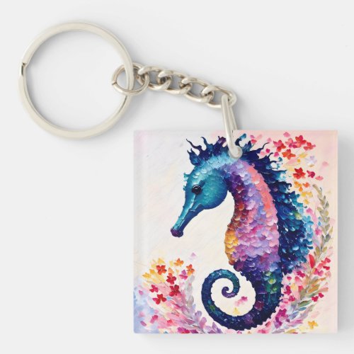 Rainbow Seahorse Floral Art Keychain
