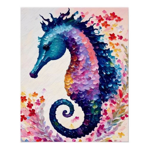 Rainbow Seahorse Floral Art Poster