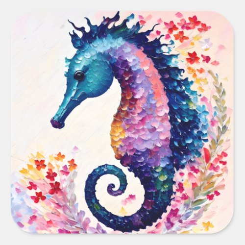 Rainbow Seahorse Floral Art Square Sticker