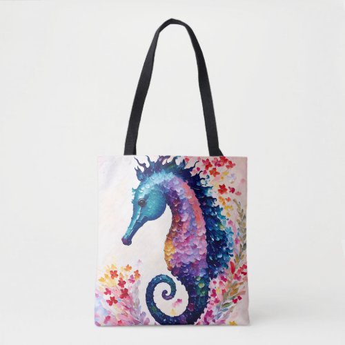 Rainbow Seahorse Floral Art Tote Bag