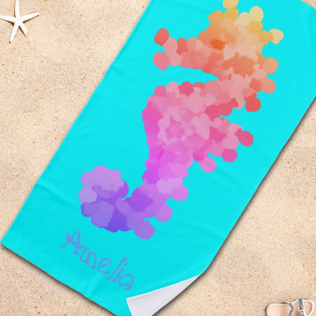 Rainbow Seahorse Personalized Beach Towel (It's time to get beach ready.)