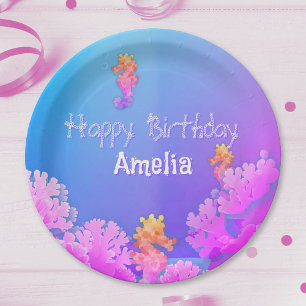 Rainbow Seahorse Personalized Party  Paper Plates