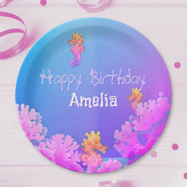 Rainbow Seahorse Personalized Party  Paper Plates (Creator Uploaded)