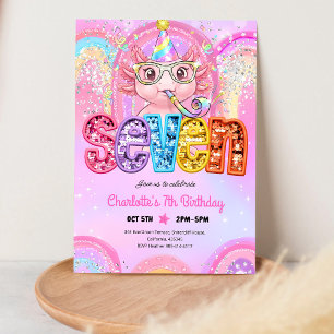 Rainbow Sequin Axolotl 7th Birthday Invitation