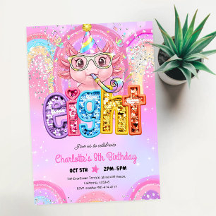 Rainbow Sequin Axolotl 8th Birthday Invitation