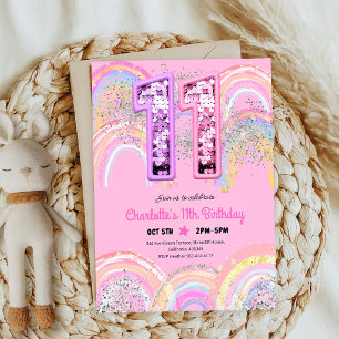 Rainbow Sequin Glitter 11th Birthday Invitation