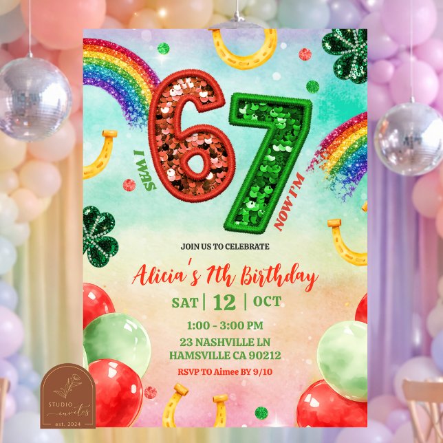 Rainbow Sequin Glitter 67 St Patrick Birthday Invitation (Creator Uploaded)