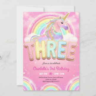 Rainbow Sequin Unicorn 3rd Birthday Invitation