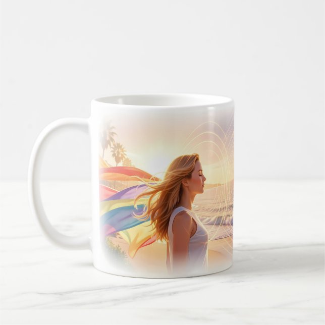 Rainbow Serenity by Sunset Ocean Waves Mug (Left)