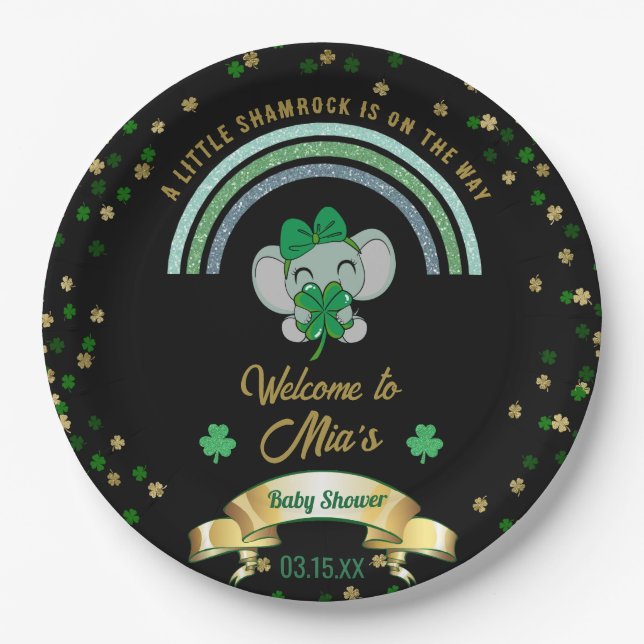 Rainbow Shamrock Elephant St Patrick Baby Shower P Paper Plates (Front)