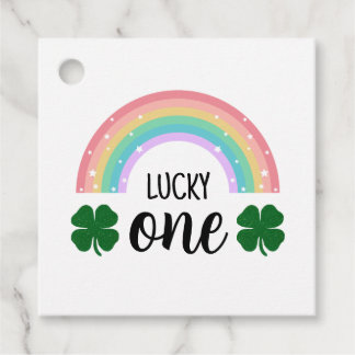 Rainbow & Shamrock Lucky One First Birthday Square Favor Tags