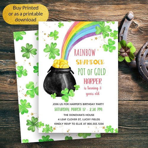 Rainbow Shamrock Pot of Gold Kids Birthday Invitation