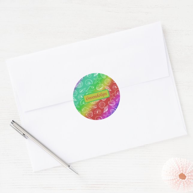 Rainbow Shellfish Pattern Add Name Classic Round Sticker (Envelope)