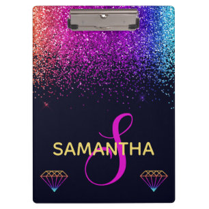 Rainbow Shimmer Glitter & Diamonds Monogram Clipboard