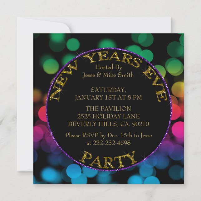 Rainbow Shimmer Lights Glitter New Years Eve Party Invitation (Front)