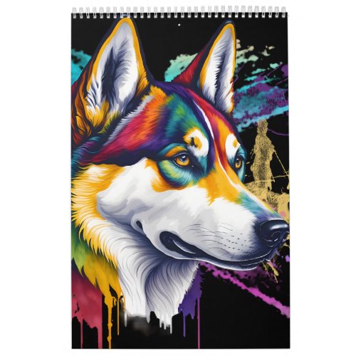 Rainbow Siberian Husky Watercolor Calendar